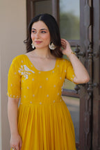 Elegant Mustard Yellow Flared Anarkali Gown