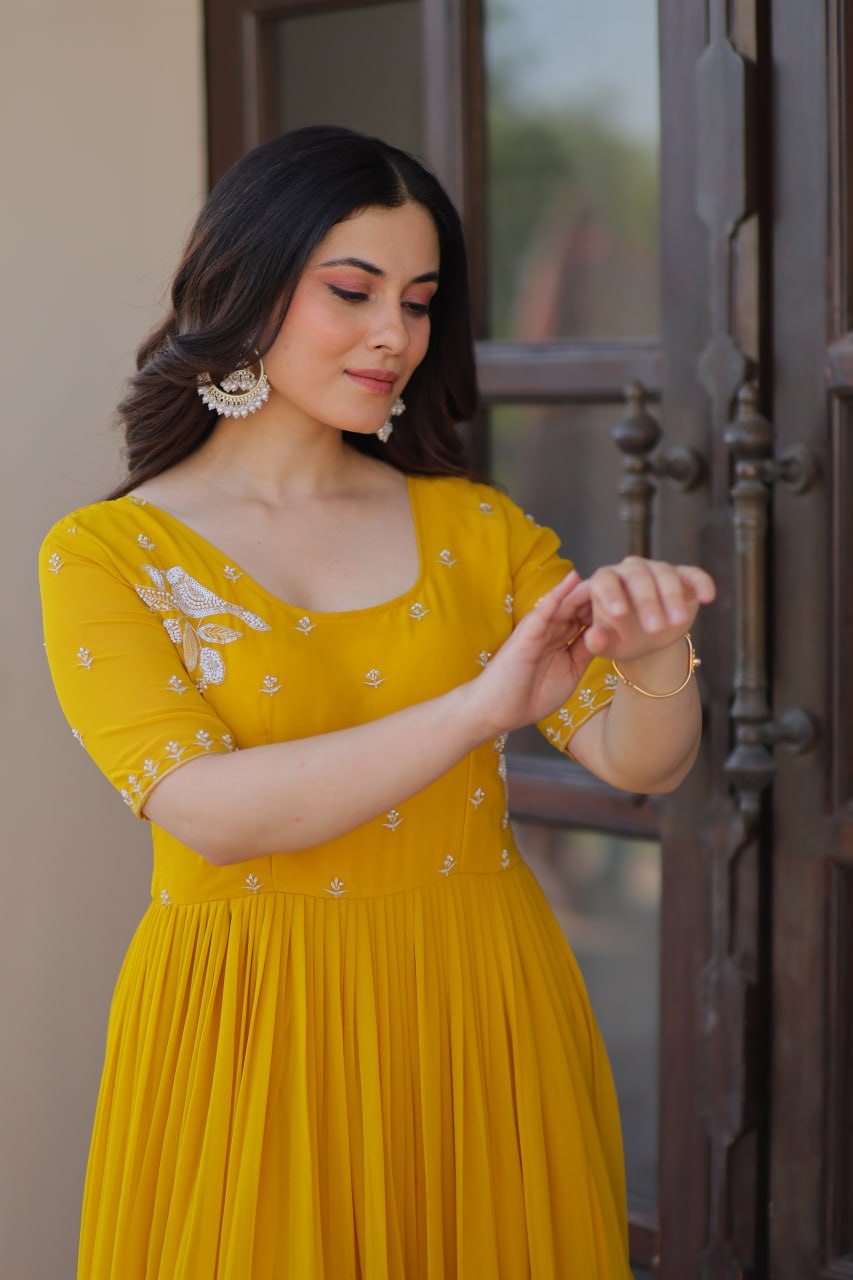 Elegant Mustard Yellow Flared Anarkali Gown