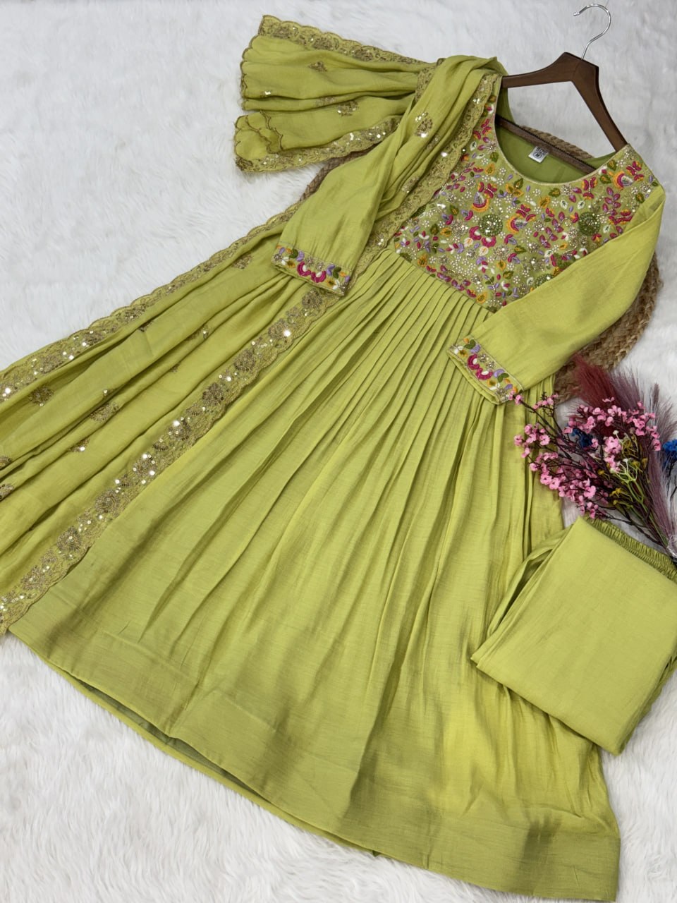 Elegant Pistachio Green Flared Anarkali with Handwork Dupatta