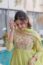 Elegant Pistachio Green Flared Anarkali with Handwork Dupatta