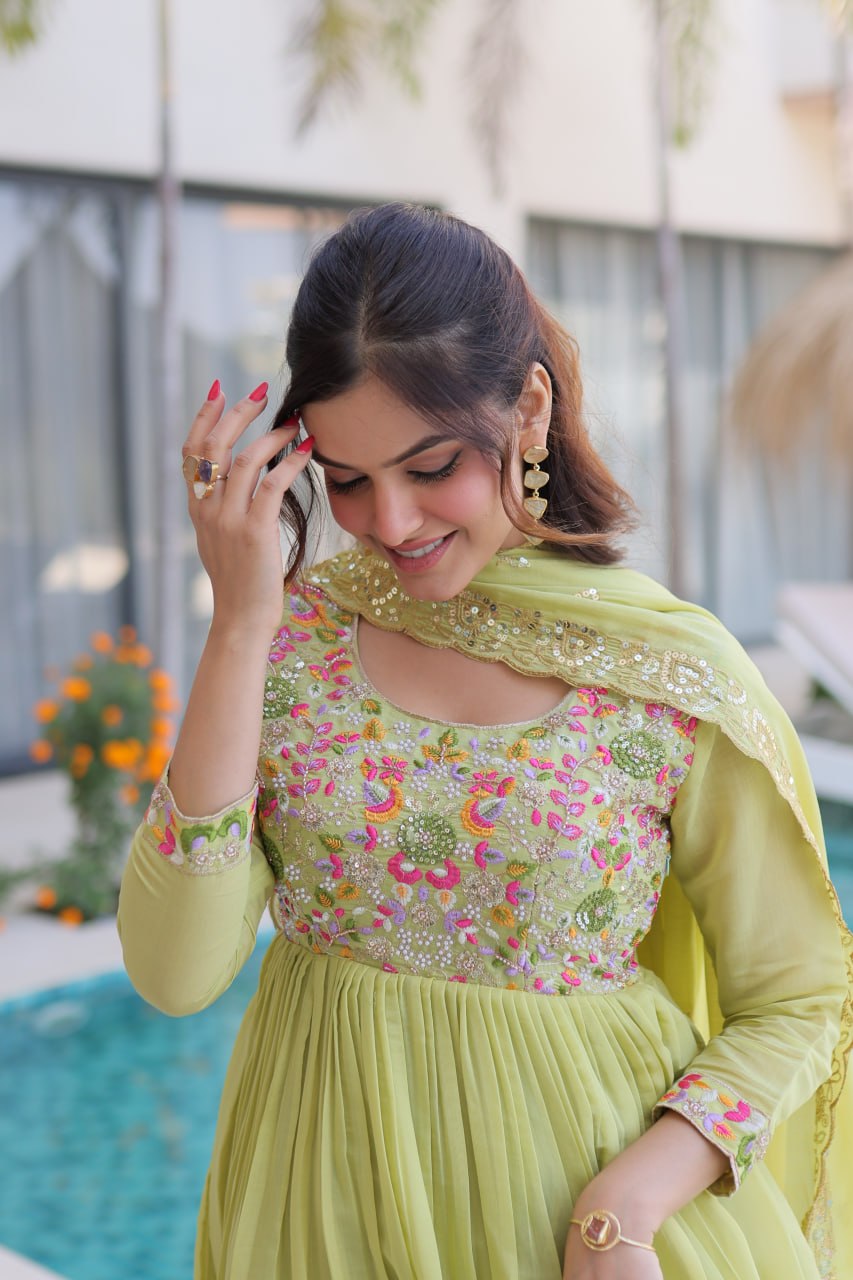 Elegant Pistachio Green Flared Anarkali with Handwork Dupatta