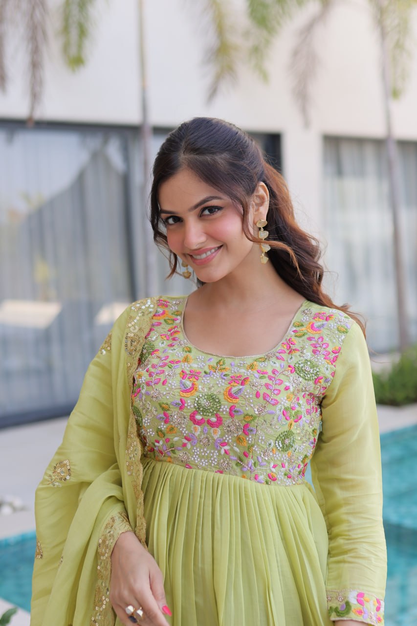 Elegant Pistachio Green Flared Anarkali with Handwork Dupatta