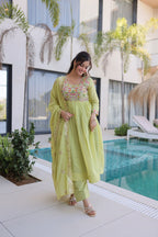 Elegant Pistachio Green Flared Anarkali with Handwork Dupatta