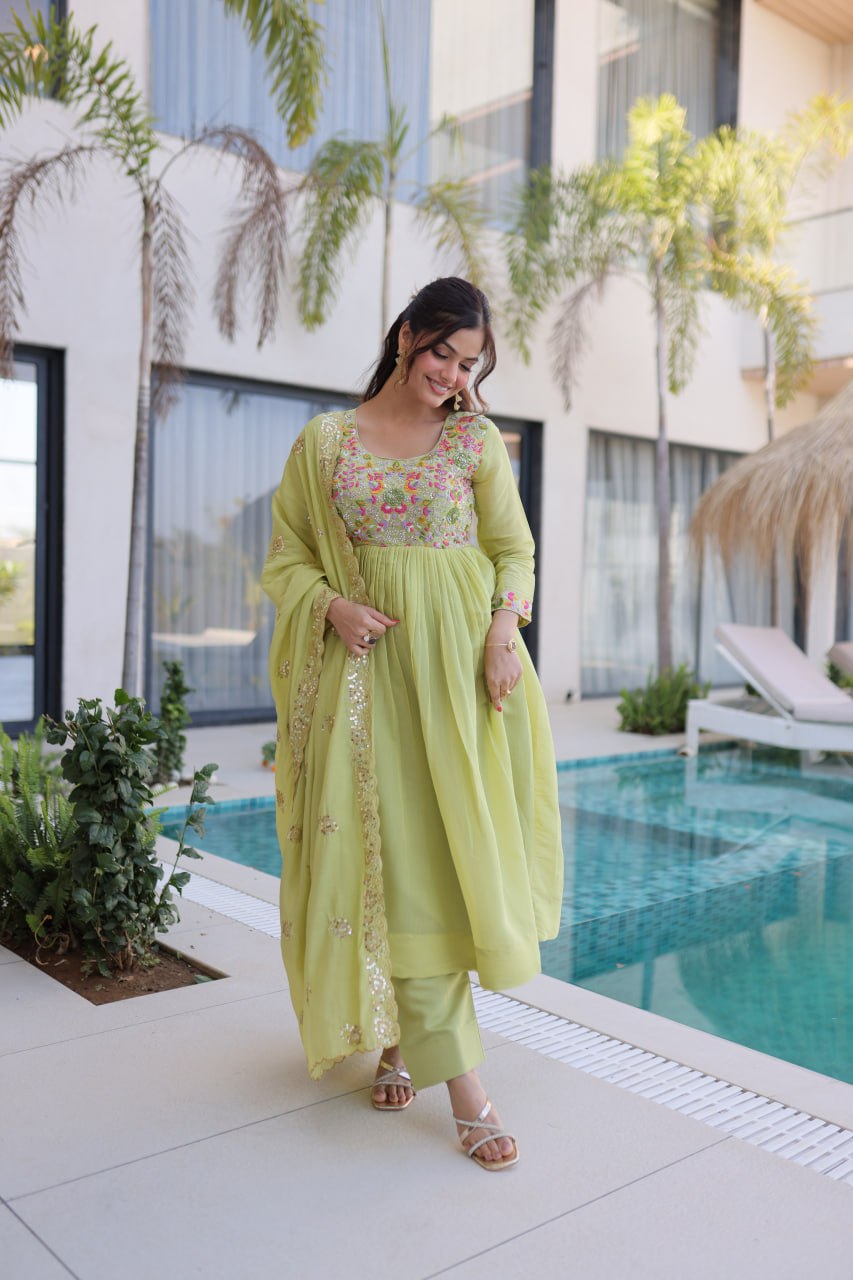 Elegant Pistachio Green Flared Anarkali with Handwork Dupatta
