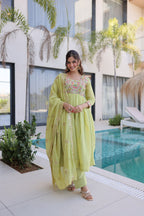 Elegant Pistachio Green Flared Anarkali with Handwork Dupatta