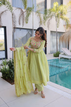 Elegant Pistachio Green Flared Anarkali with Handwork Dupatta