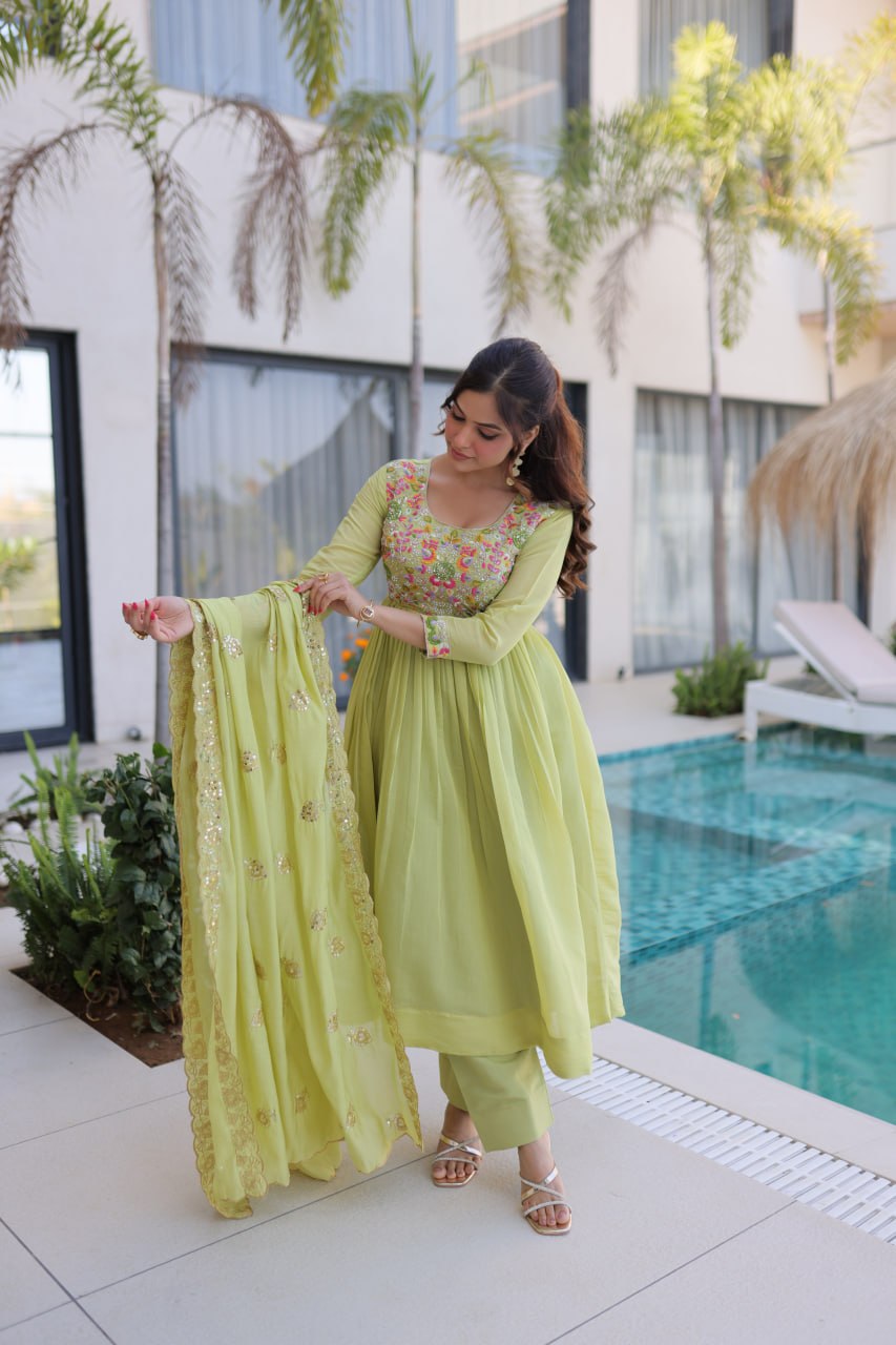 Elegant Pistachio Green Flared Anarkali with Handwork Dupatta