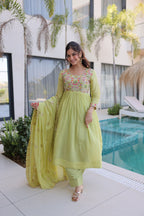 Elegant Pistachio Green Flared Anarkali with Handwork Dupatta