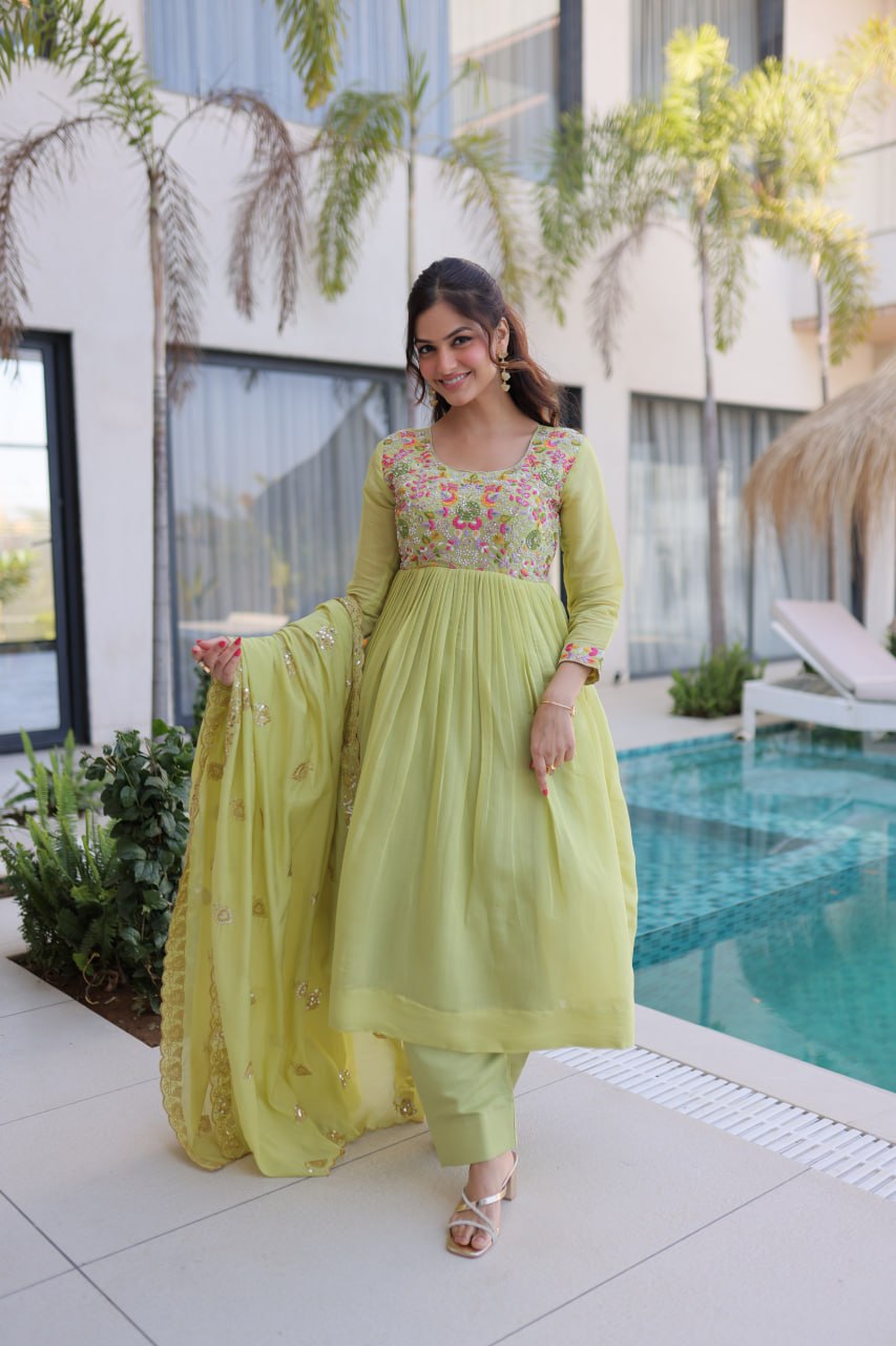 Elegant Pistachio Green Flared Anarkali with Handwork Dupatta