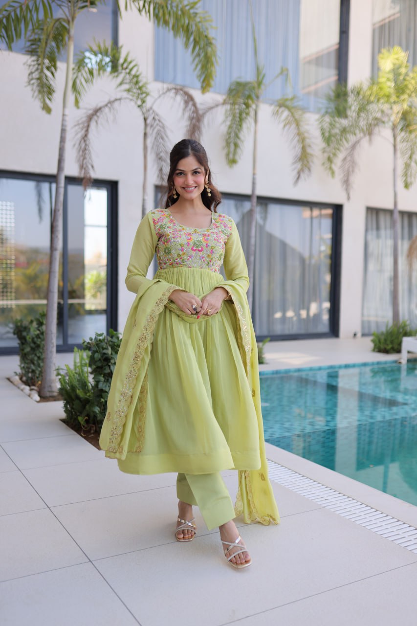 Elegant Pistachio Green Flared Anarkali with Handwork Dupatta