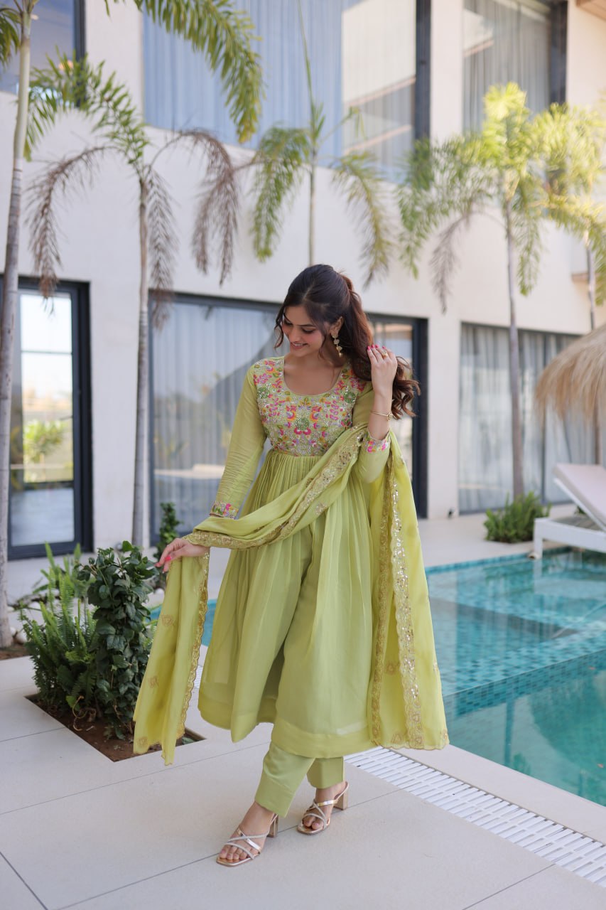Elegant Pistachio Green Flared Anarkali with Handwork Dupatta
