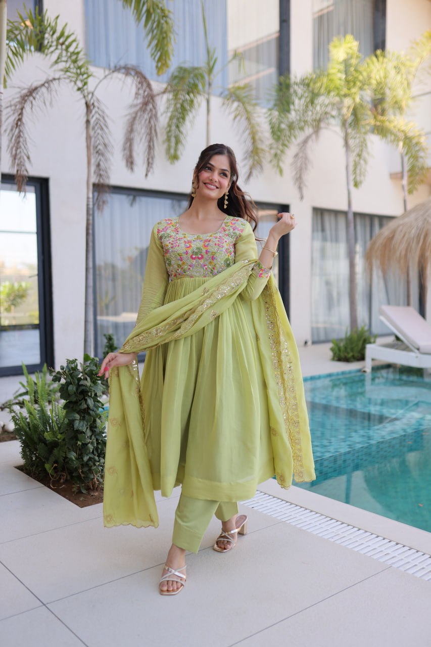 Elegant Pistachio Green Flared Anarkali with Handwork Dupatta
