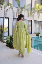 Elegant Pistachio Green Flared Anarkali with Handwork Dupatta