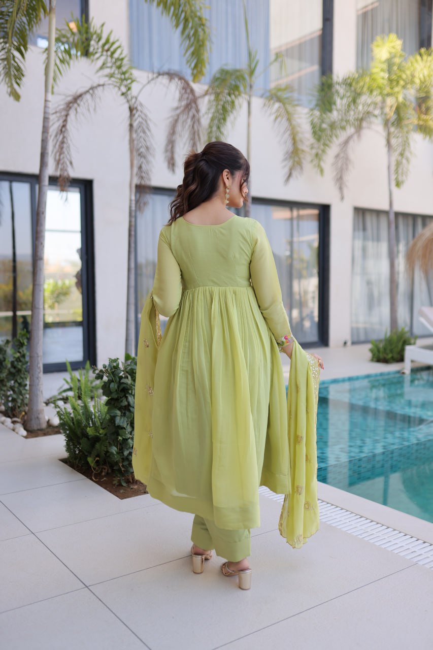 Elegant Pistachio Green Flared Anarkali with Handwork Dupatta