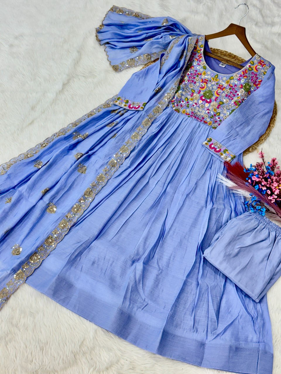 Elegant Sky Blue Flared Anarkali Suit set with Embroidered work