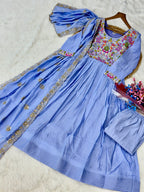 Elegant Sky Blue Flared Anarkali Suit set with Embroidered work