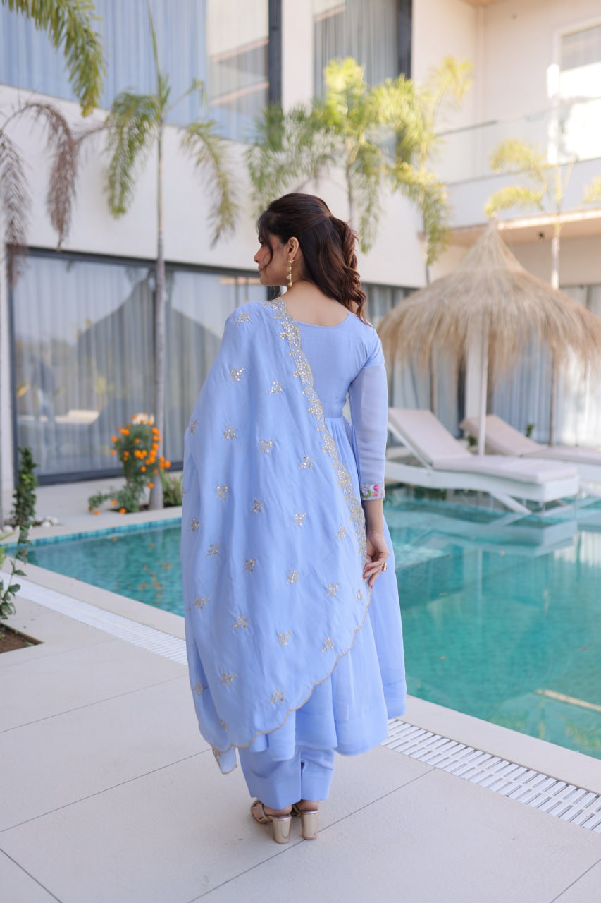 Elegant Sky Blue Flared Anarkali Suit set with Embroidered work