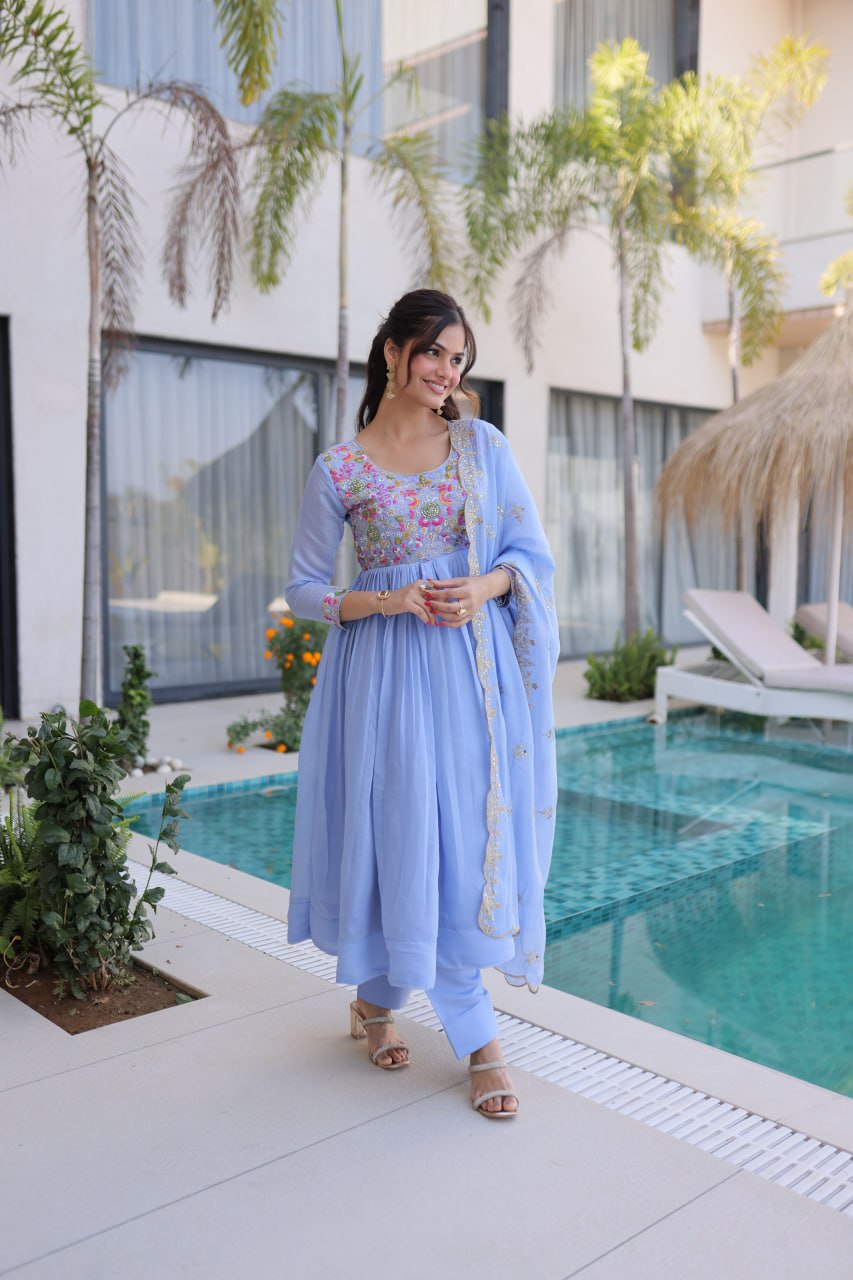 Elegant Sky Blue Flared Anarkali Suit set with Embroidered work