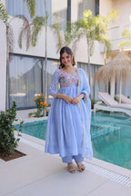 Elegant Sky Blue Flared Anarkali Suit set with Embroidered work