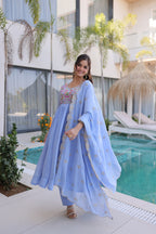 Elegant Sky Blue Flared Anarkali Suit set with Embroidered work