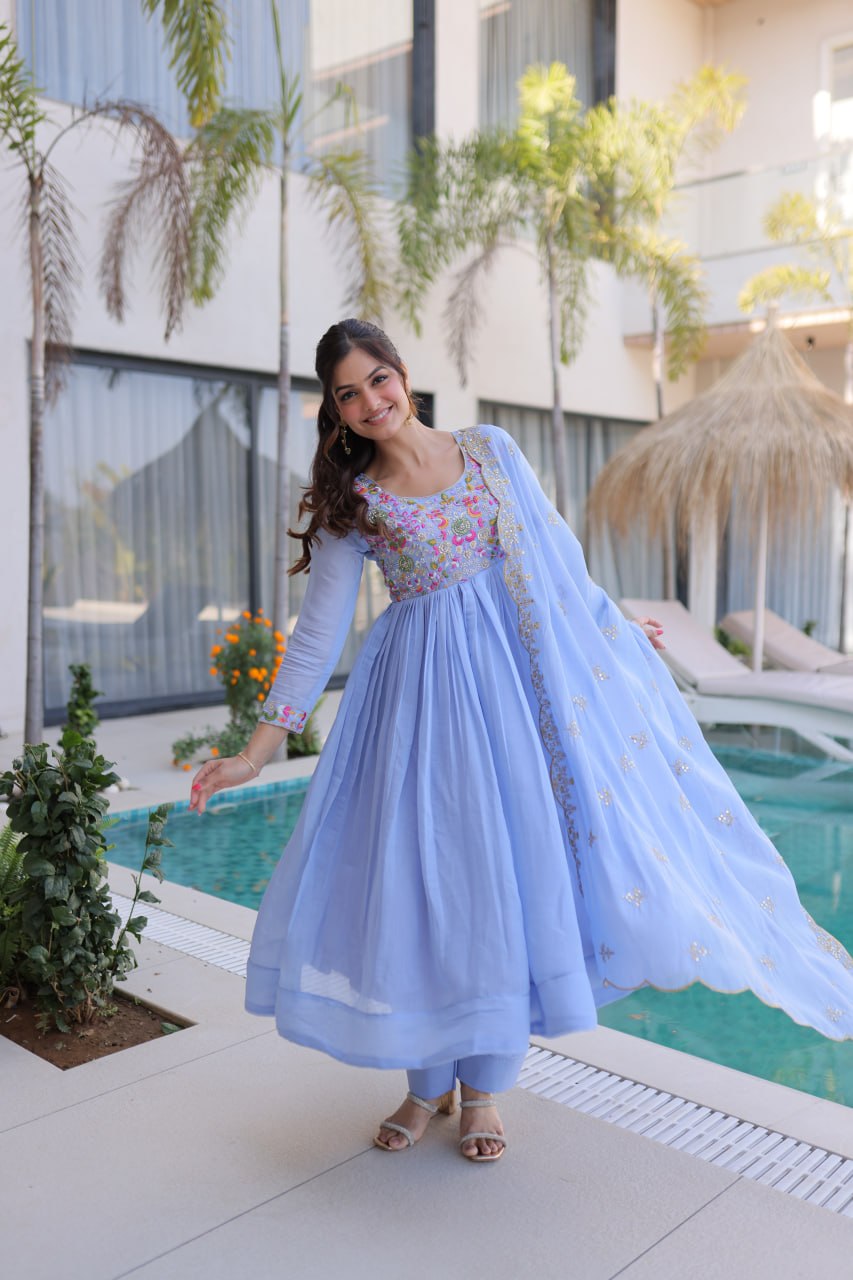 Elegant Sky Blue Flared Anarkali Suit set with Embroidered work