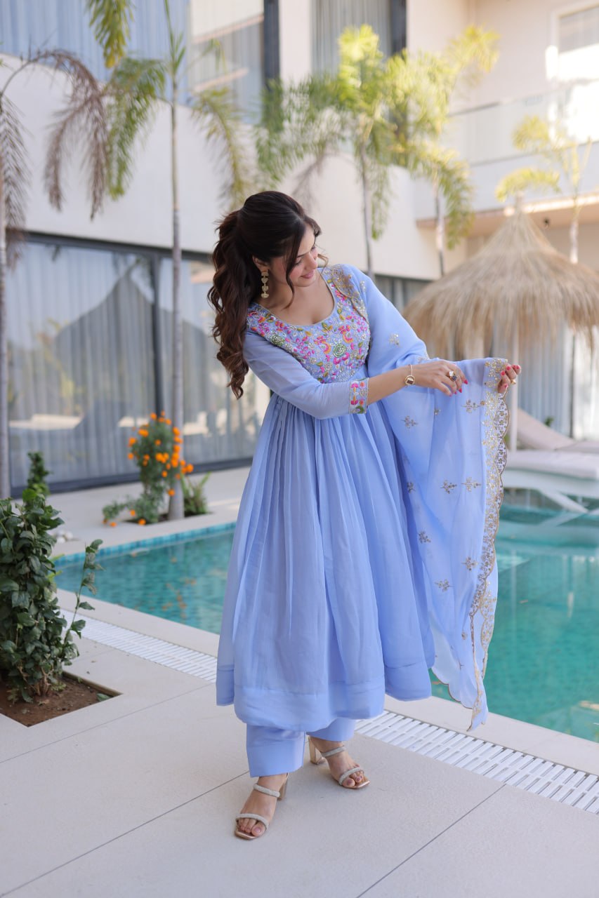 Elegant Sky Blue Flared Anarkali Suit set with Embroidered work