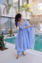 Elegant Sky Blue Flared Anarkali Suit set with Embroidered work