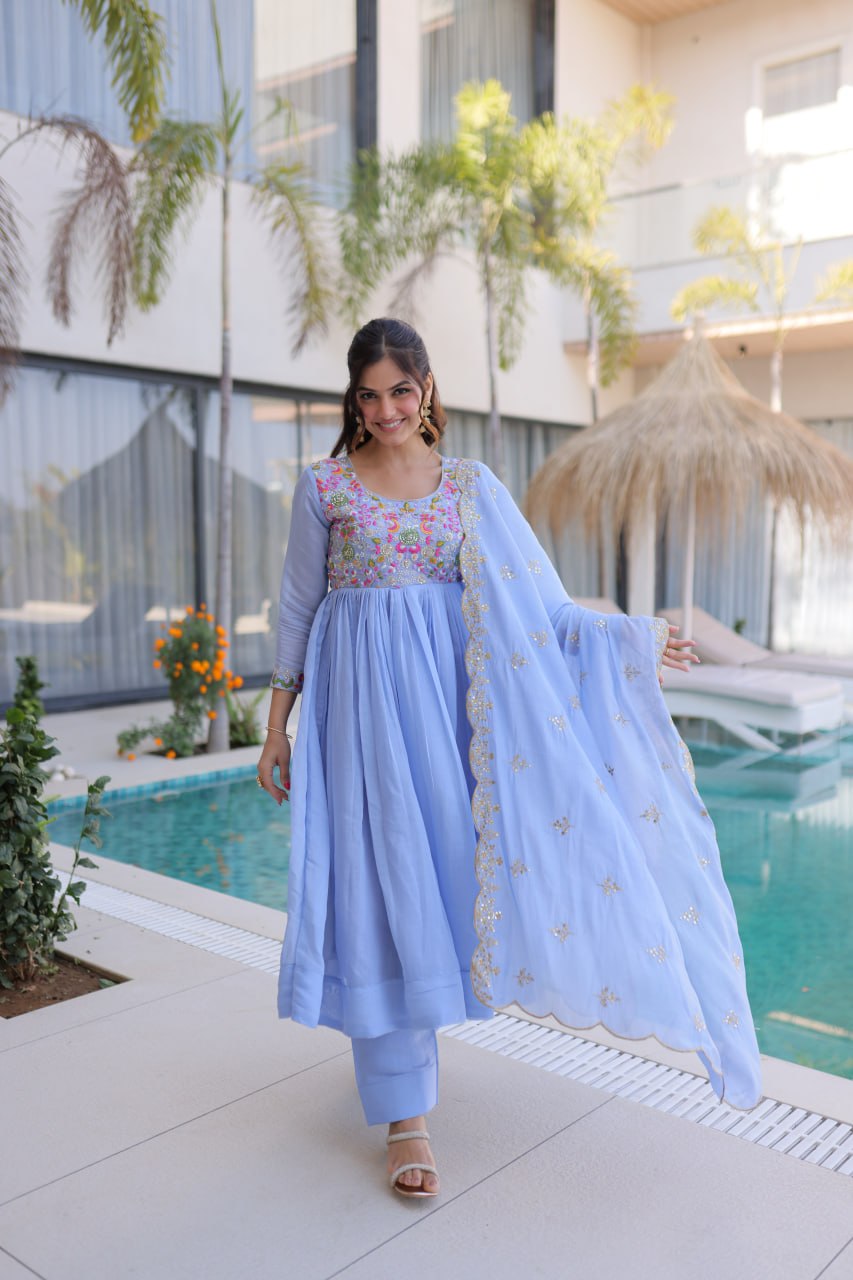 Elegant Sky Blue Flared Anarkali Suit set with Embroidered work