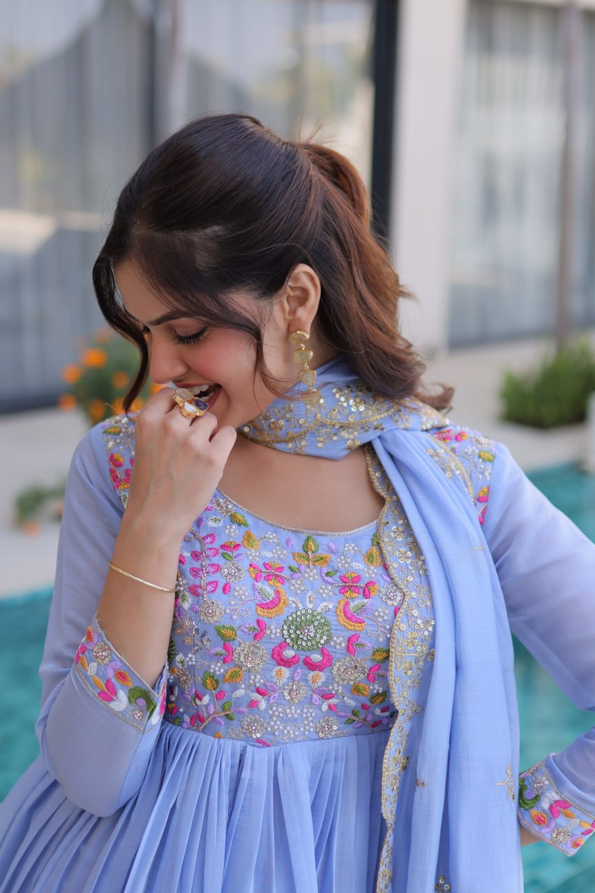 Elegant Sky Blue Flared Anarkali Suit set with Embroidered work