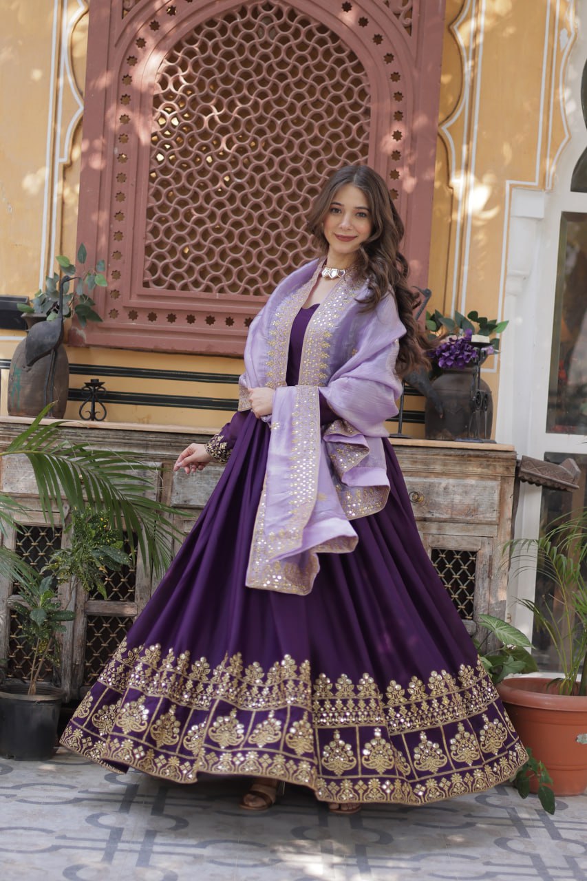 Stylish Purple Festive Gown with Embroidered Dupatta