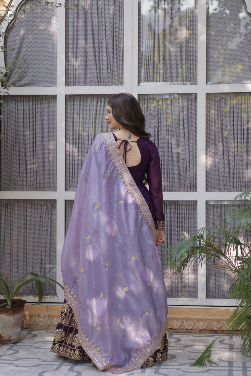 Stylish Purple Festive Gown with Embroidered Dupatta