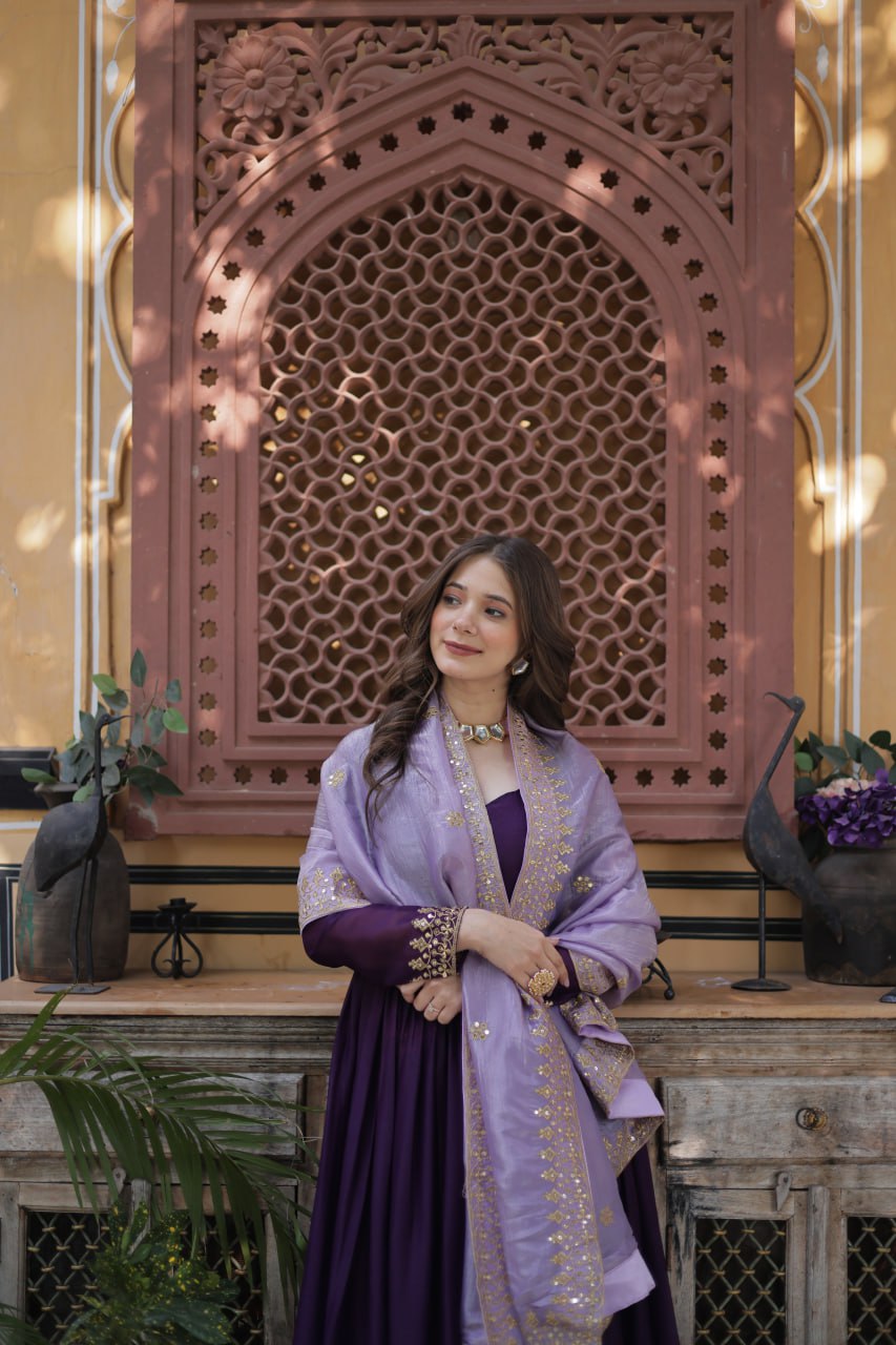 Stylish Purple Festive Gown with Embroidered Dupatta