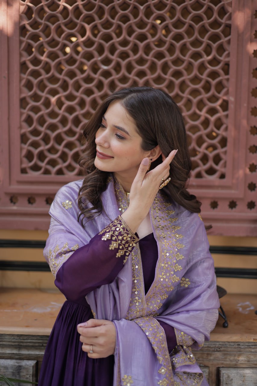 Stylish Purple Festive Gown with Embroidered Dupatta