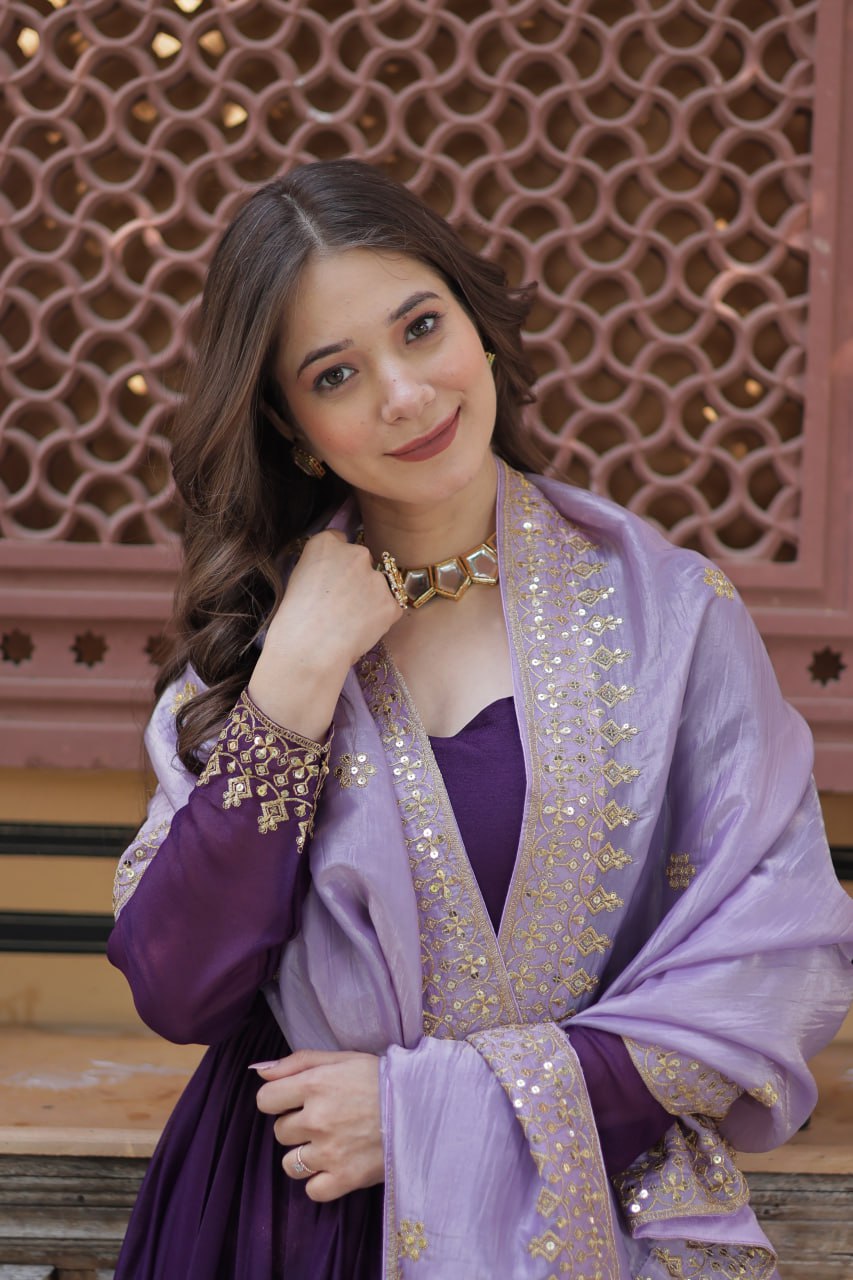 Stylish Purple Festive Gown with Embroidered Dupatta