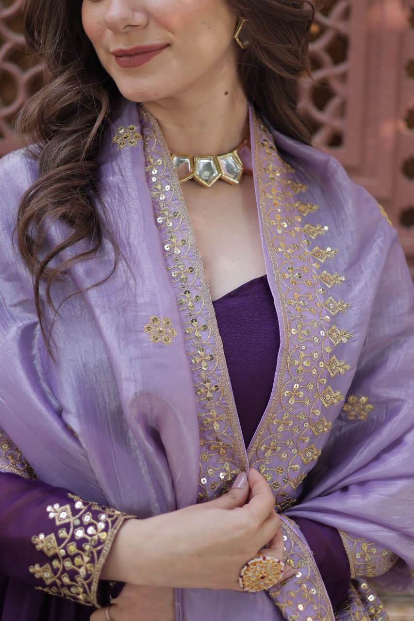 Stylish Purple Festive Gown with Embroidered Dupatta