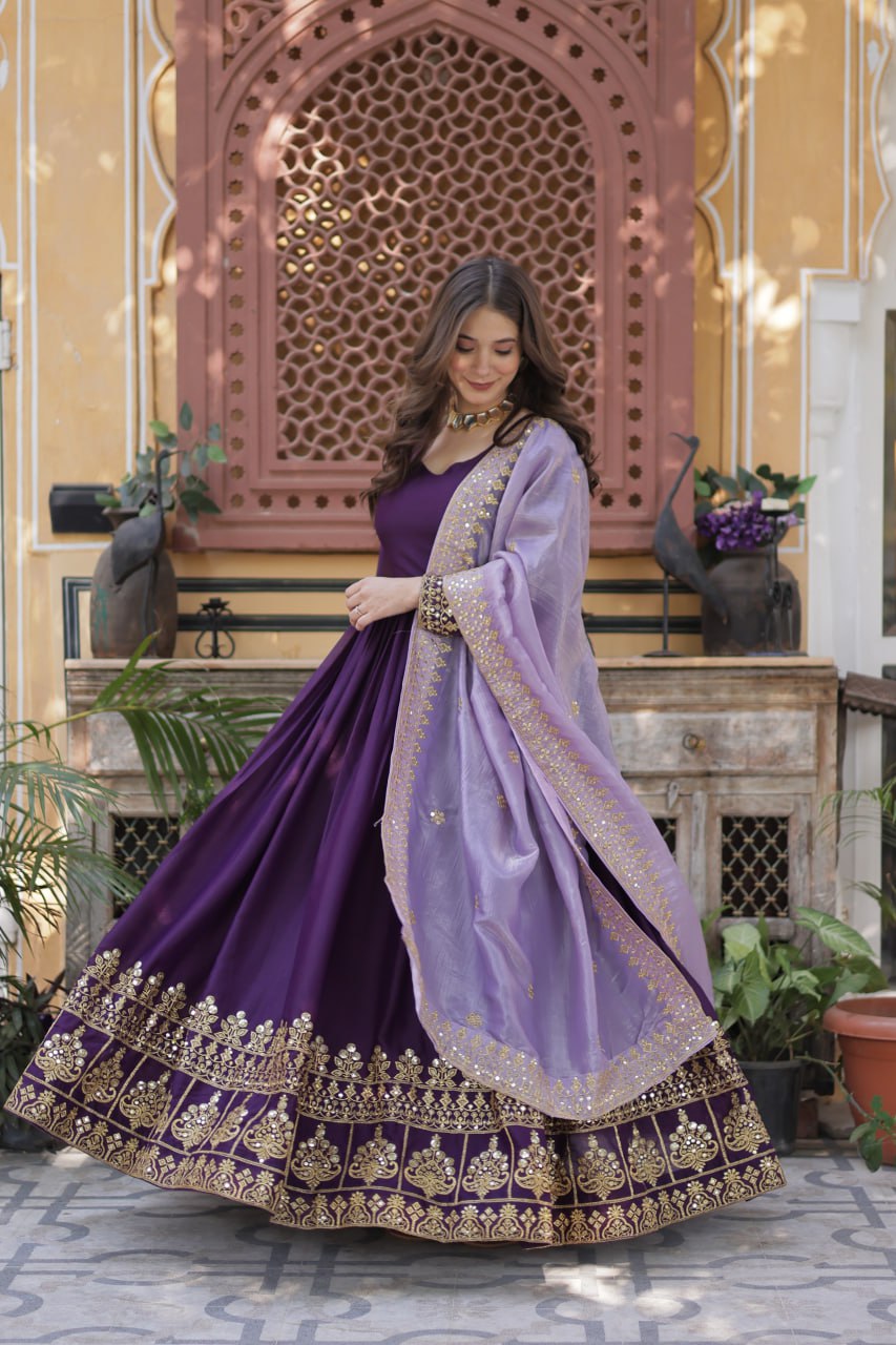 Stylish Purple Festive Gown with Embroidered Dupatta