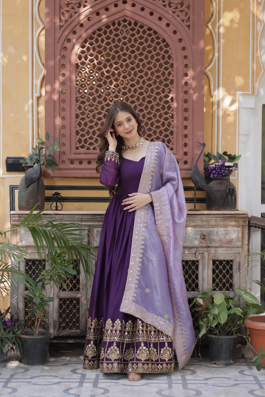 Stylish Purple Festive Gown with Embroidered Dupatta