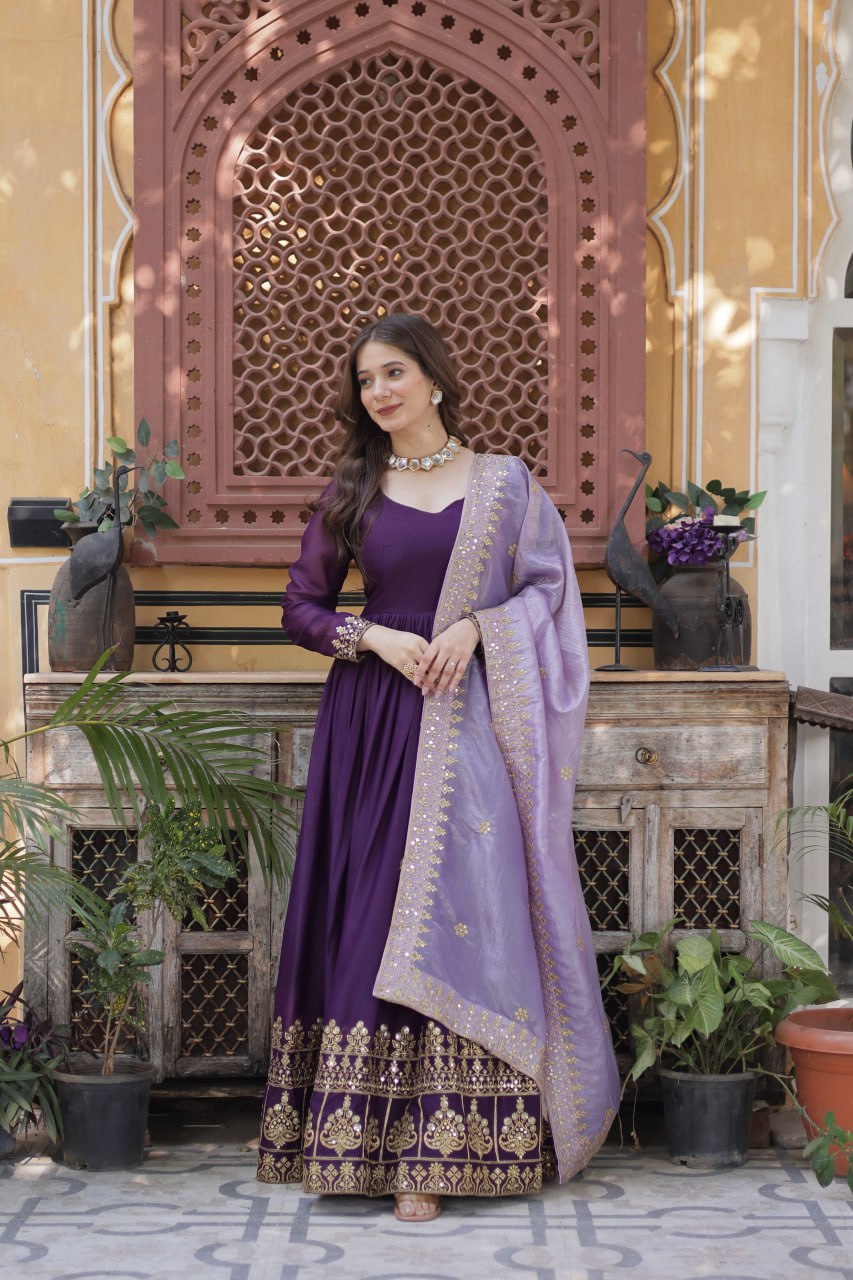 Stylish Purple Festive Gown with Embroidered Dupatta