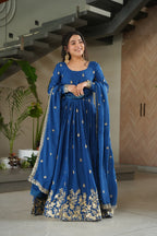 Elegant Royal Blue Embroidered Anarkali Gown with Dupatta