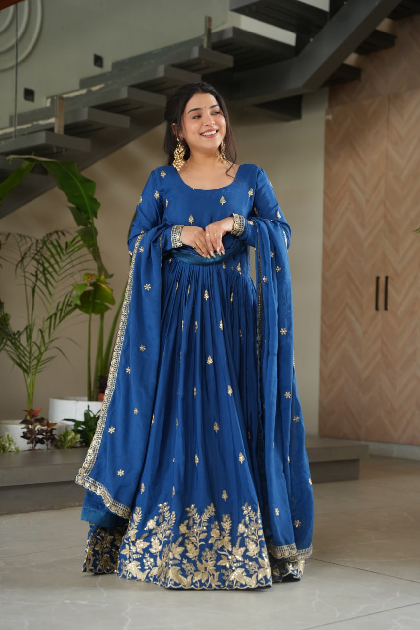 Elegant Royal Blue Embroidered Anarkali Gown with Dupatta