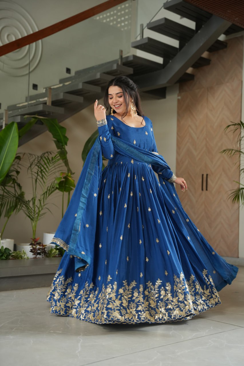 Elegant Royal Blue Embroidered Anarkali Gown with Dupatta