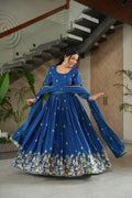 Elegant Royal Blue Embroidered Anarkali Gown with Dupatta