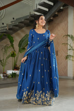 Elegant Royal Blue Embroidered Anarkali Gown with Dupatta