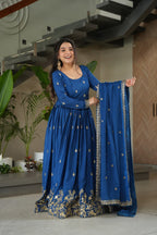 Elegant Royal Blue Embroidered Anarkali Gown with Dupatta