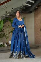 Elegant Royal Blue Embroidered Anarkali Gown with Dupatta
