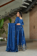 Elegant Royal Blue Embroidered Anarkali Gown with Dupatta