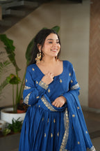 Elegant Royal Blue Embroidered Anarkali Gown with Dupatta