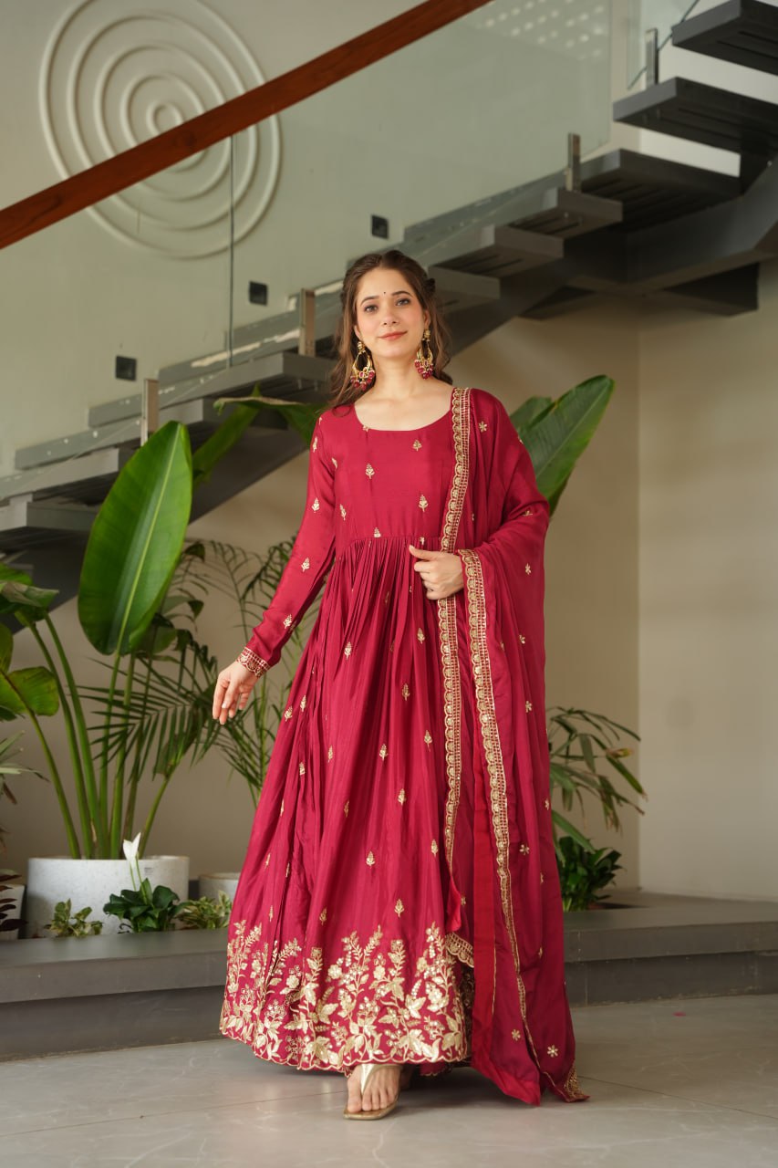 Elegant Wine Color Anarkali Dress with Designer Dupatta