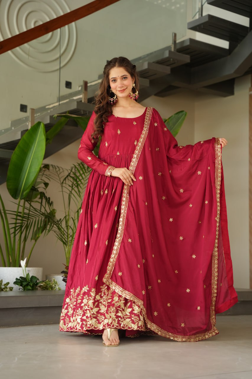 Elegant Wine Color Anarkali Dress with Designer Dupatta
