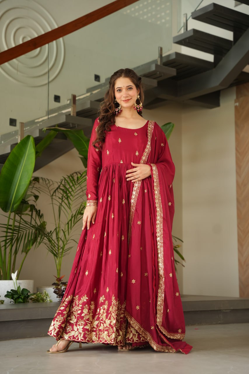 Elegant Wine Color Anarkali Dress with Designer Dupatta